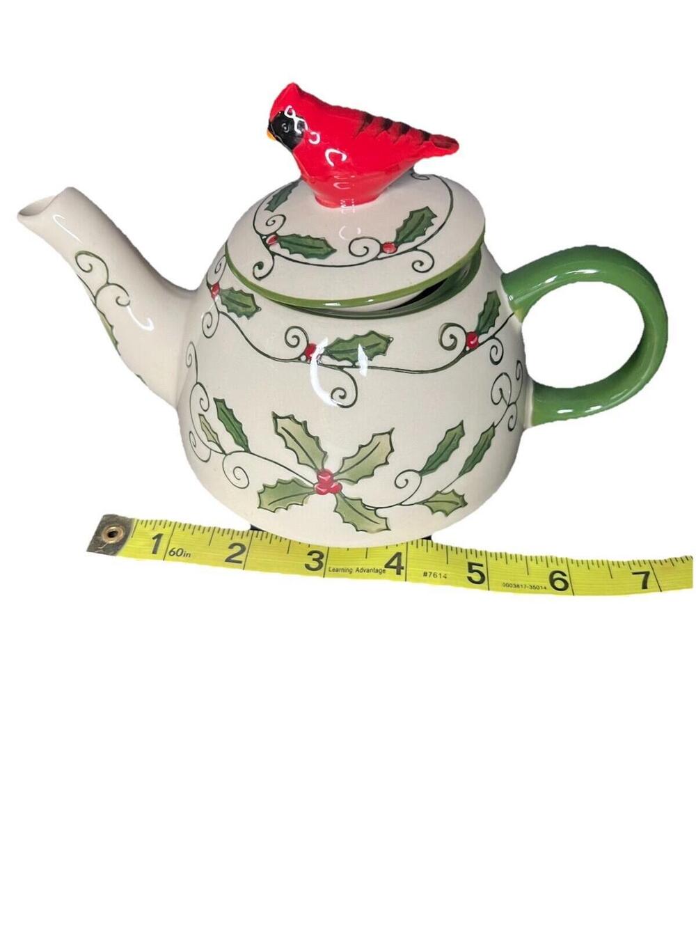 LIST Temptations Teapot for One 3 pcs Teapot w/Lid & Cup Holly Cardinal Ceramic